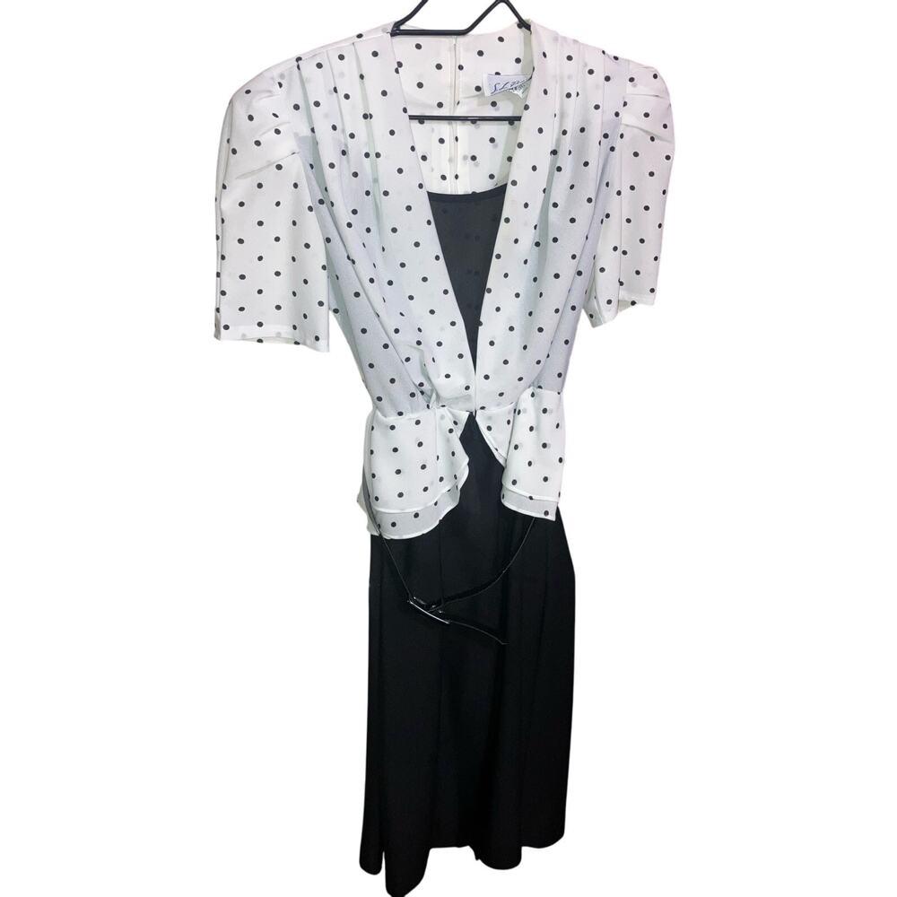 1980s Size 8 Dress White Polka Dot Puff Tulle Belted Black Skirt VTG SL Petites
